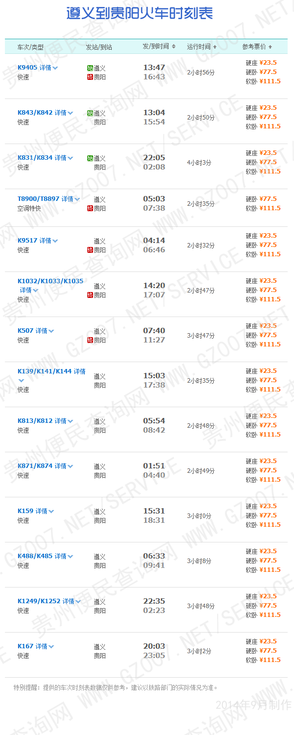 遵義到貴陽火車時刻表